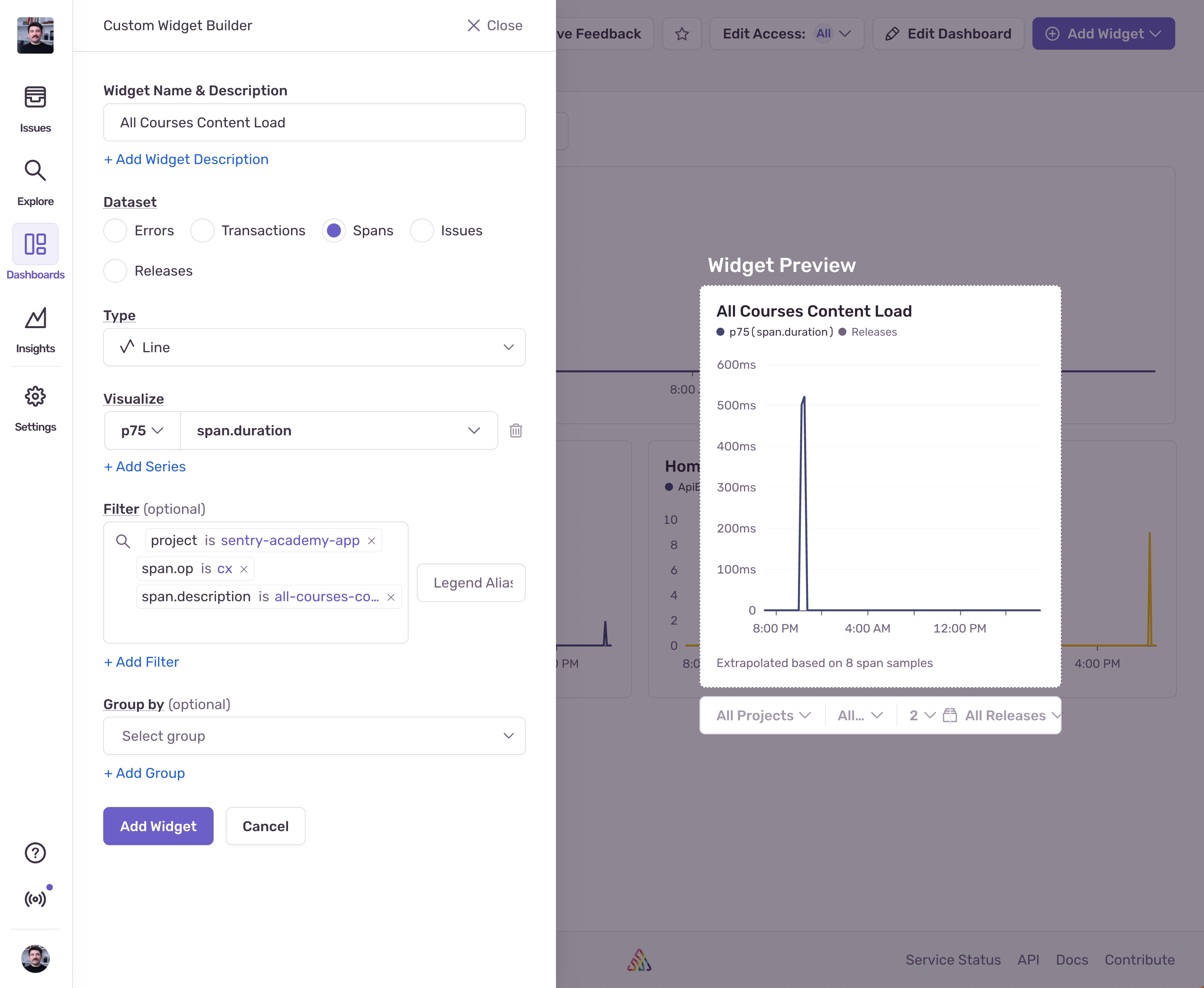 Courses list performance widget
